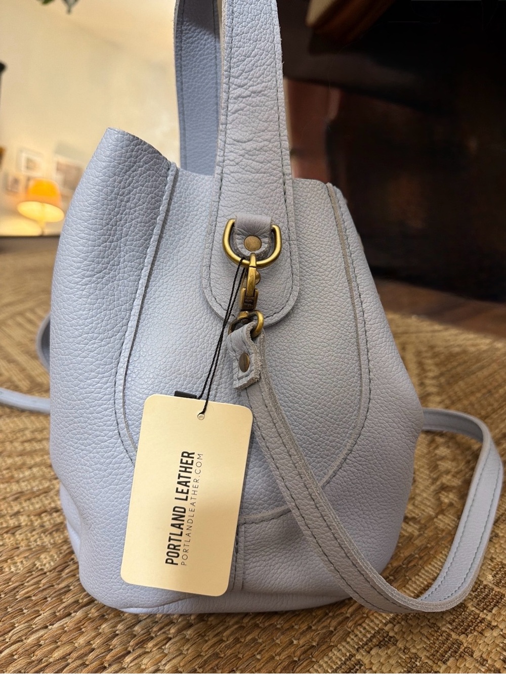 NWT Portland Leather Light Blue Leather Bucket Bag with Gold Hardware - Picture 3 of 4